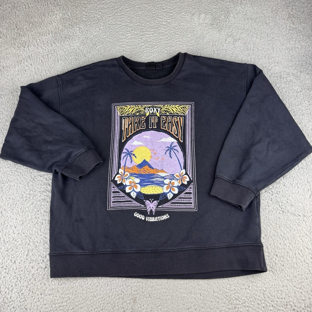 Roxy‎ Crewneck Sweatshirt Womens Medium Black Surf Graphic Boxy Oversized